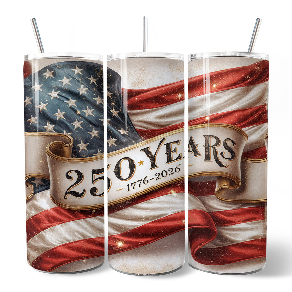 Vintage 250 Years American Flag 20oz Personalized Tumbler With Lid and Stainless Steel Straw, Patriotic USA Independence Day Gift Cup