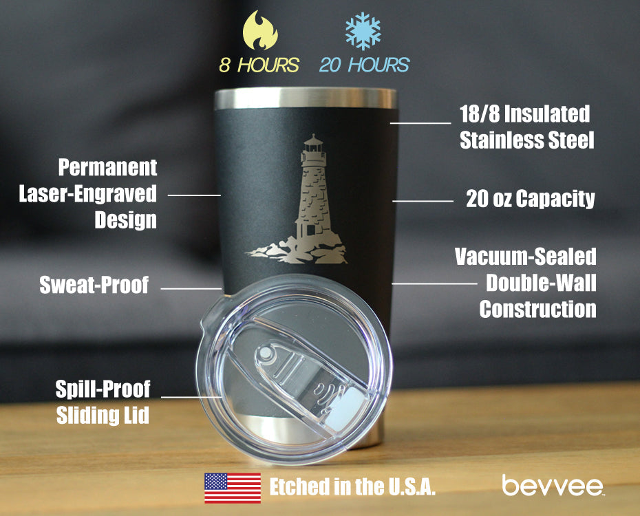 Lighthouse - Insulated Coffee Tumbler Cup with Sliding Lid - Stainless Steel Travel Mug - Beach Gifts and Decor for Women and Men