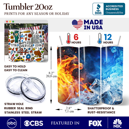 Happy 250 America Doodle 20oz Personalized Tumbler With Lid and Stainless Steel Straw, Patriotic USA 1776-2026 250th Anniversary Gift Cup