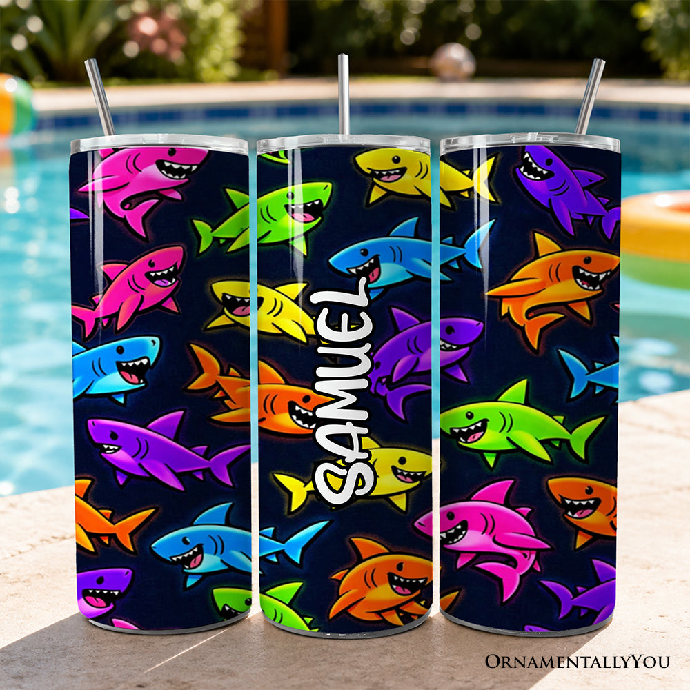 Neon Cartoon Shark Pattern 20oz Personalized Tumbler With Lid and Stainless Steel Straw, Kids Ocean Animal Gift Cup