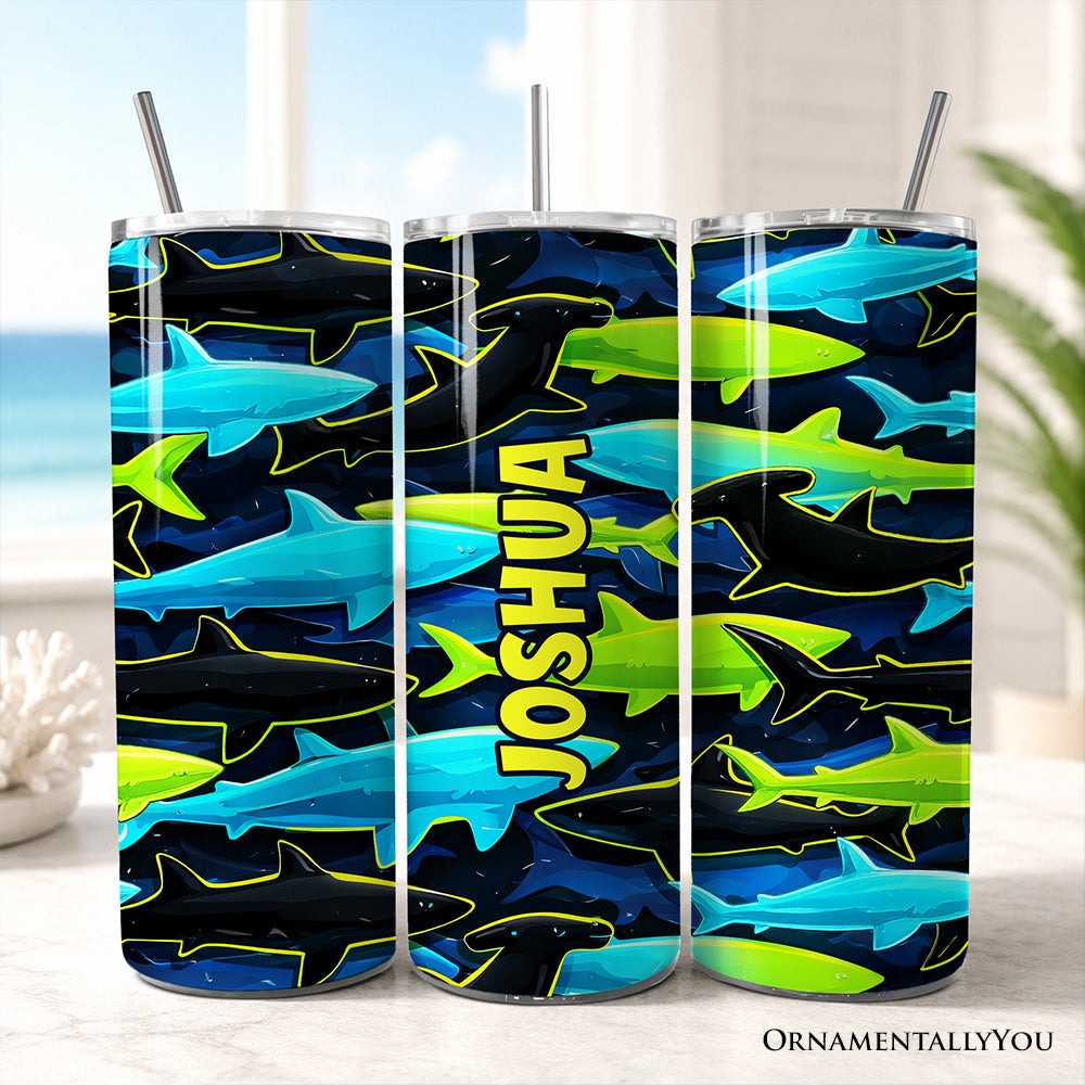 Neon Shark Camo 20oz Personalized Tumbler With Lid and Stainless Steel Straw, Marine Animal Pattern Gift Cup