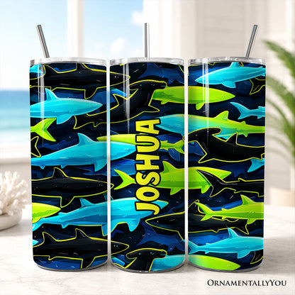 Neon Shark Camo 20oz Personalized Tumbler With Lid and Stainless Steel Straw, Marine Animal Pattern Gift Cup