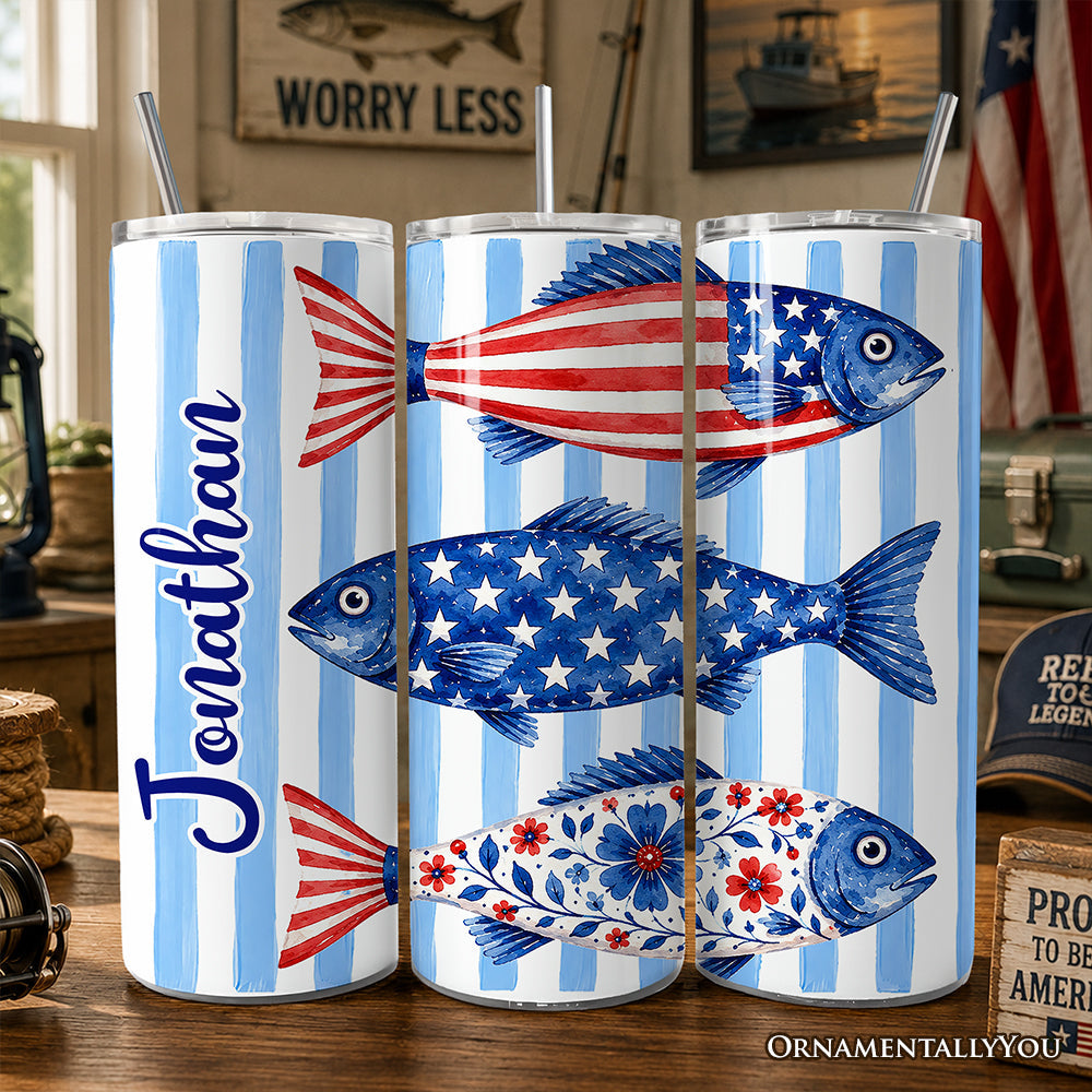 Patriotic Fish Stripe 20oz Personalized Tumbler With Lid and Stainless Steel Straw, 4th of July Angler Gift Cup