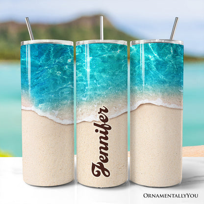 Turquoise Ocean Shore 20oz Personalized Tumbler With Lid and Stainless Steel Straw, Tropical Summer Coastal Gift Cup