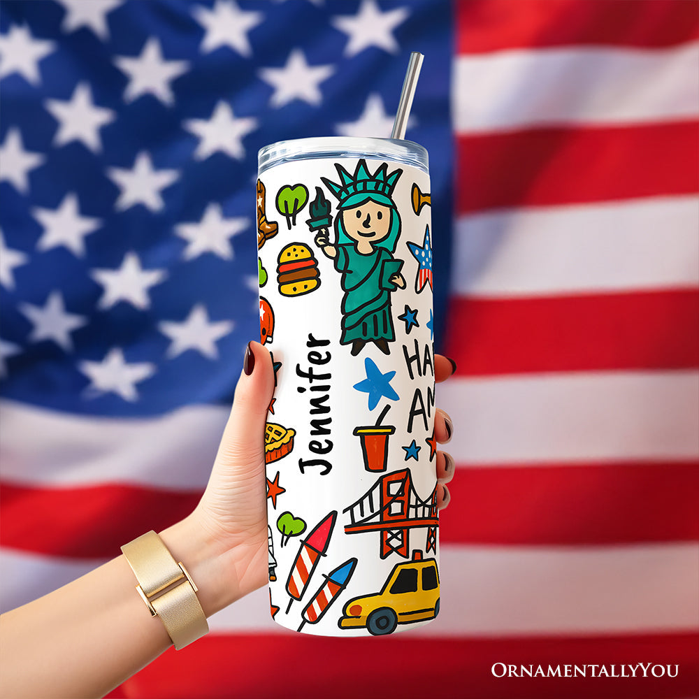 Happy 250 America Doodle 20oz Personalized Tumbler With Lid and Stainless Steel Straw, Patriotic USA 1776-2026 250th Anniversary Gift Cup