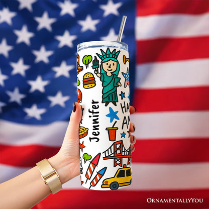 Happy 250 America Doodle 20oz Personalized Tumbler With Lid and Stainless Steel Straw, Patriotic USA 1776-2026 250th Anniversary Gift Cup