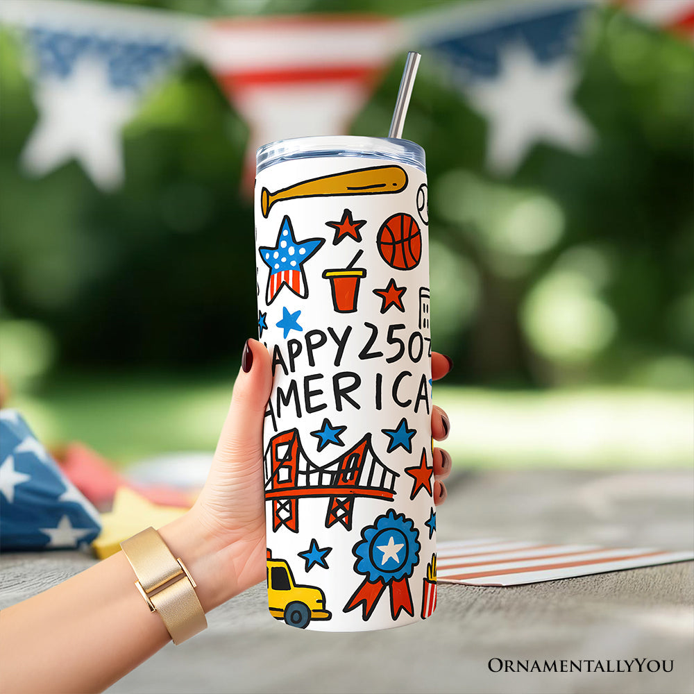 Happy 250 America Doodle 20oz Personalized Tumbler With Lid and Stainless Steel Straw, Patriotic USA 1776-2026 250th Anniversary Gift Cup