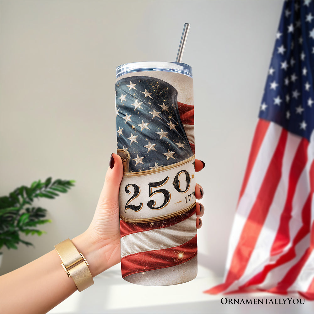 Vintage 250 Years American Flag 20oz Personalized Tumbler With Lid and Stainless Steel Straw, Patriotic USA Independence Day Gift Cup