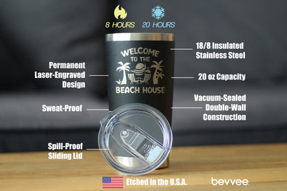 Welcome to the Beach House - Insulated Coffee Tumbler Cup with Sliding Lid - Stainless Steel Insulated Mug - Ocean Gifts & Decor